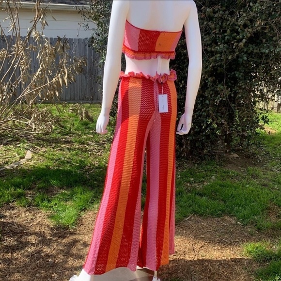 💋NWT Lovers + Friends Boho Crochet Bandeau Wide Leg Cover Up Beach/Pool Pant Set - Picture 7 of 15